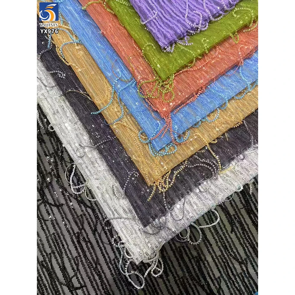 YX976 300gsm Fashion Dance Skirt Sequin Fringe Fabric Sales for 5 Yards Embroidery Mesh Tulle Fringe Beads Sequins Fabric - 图片 6