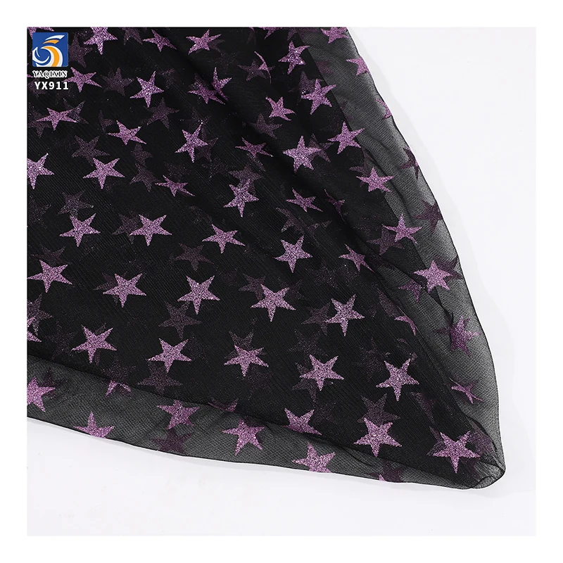 YX911 2026 Festive Halloween Purple Five-Pointed Star Halloween Stretch Mesh Fabric Black Stretch Tulle Fabric With Purple Stars - 图片 6