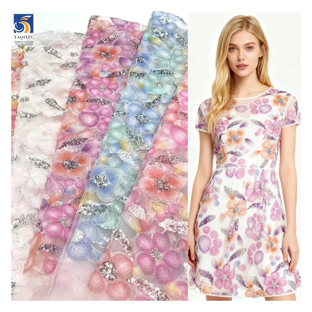YX1125 Cheap French Style Multicolor Digital Printing Florals Tulle Embroidery Fabric With Silver Sequins Tulle 5 Yards