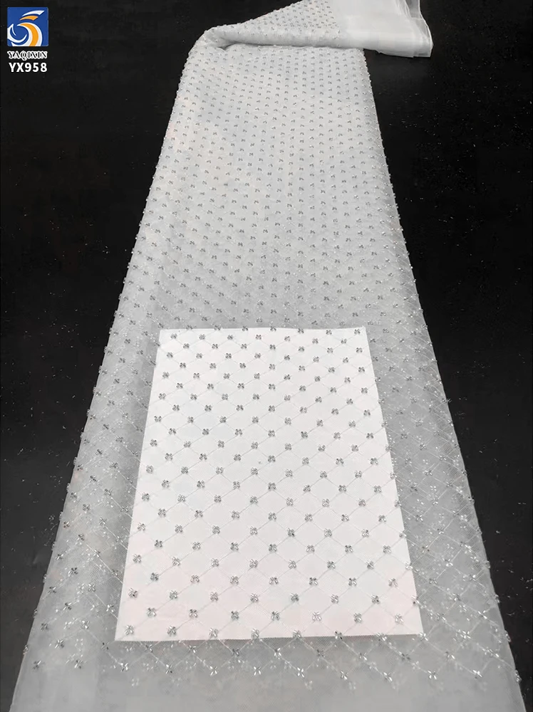 YX958 Checkered Small Plaid Bead Tube Embroidery Lace Fabric Cheap Plaid Beads Mesh Tulle Lace Fabric for Woman Dresses - 图片 5