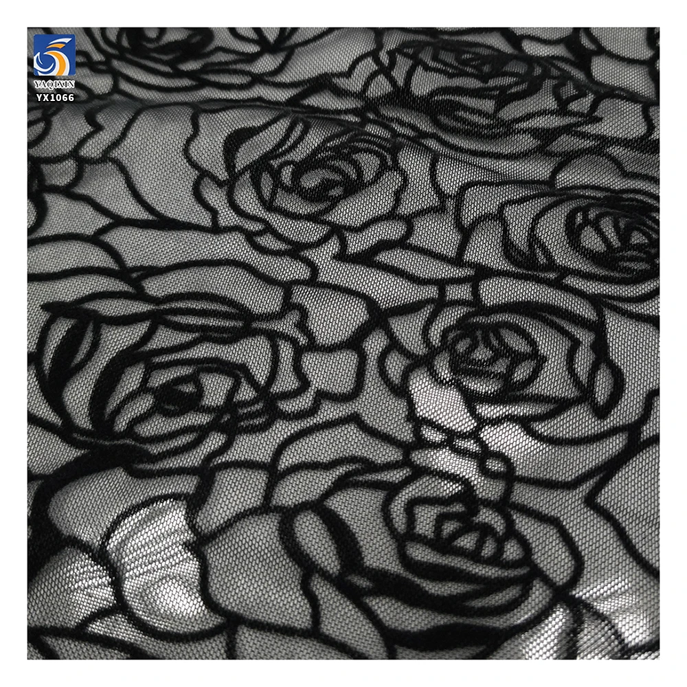YX1066 Nylon/Spandex Elastic Mesh Women's Underwear Fabric Flocking Black Rose Flower 4 Way Stretch Flocked Tulle Fabric - 图片 3