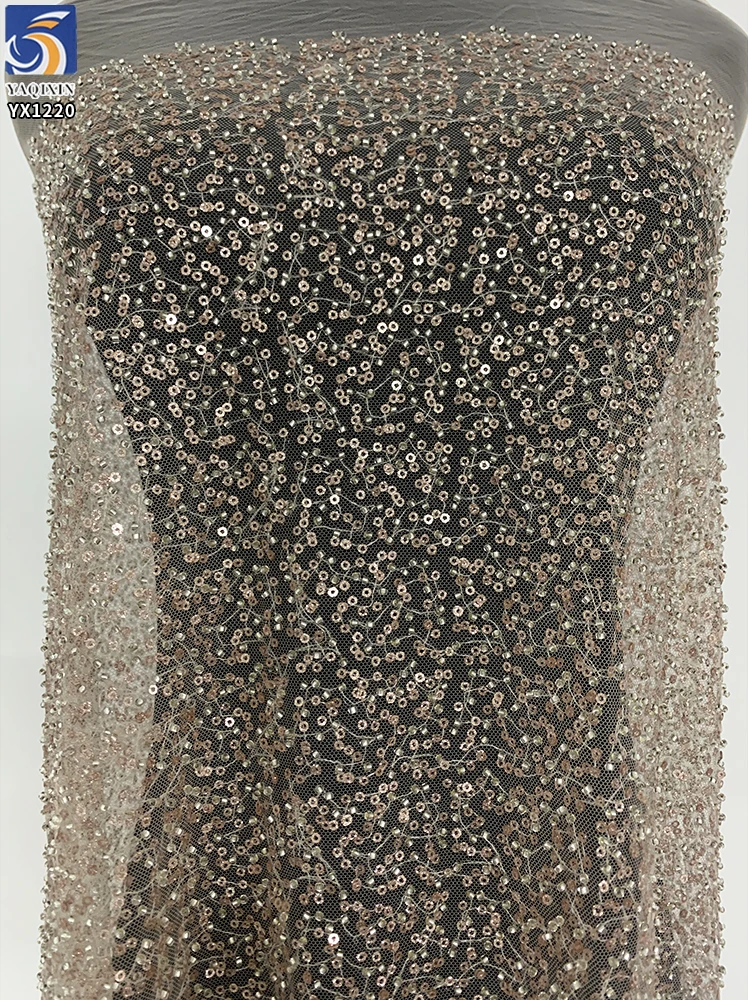 YX1220 Cheap Champagne-Colored Sequin Lace Fabric With Beaded Embroidery High Density Glitter Lace Fabric for Women - 图片 2