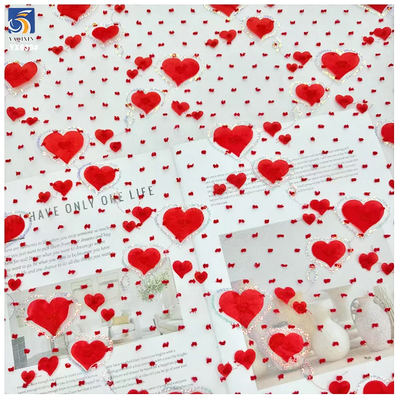 YX639 3D Embroidered Love Heart and Rainbow Bridge Sequined Tulle Fabric for Children's Clothing Valentine's Day Fabric - 图片 3