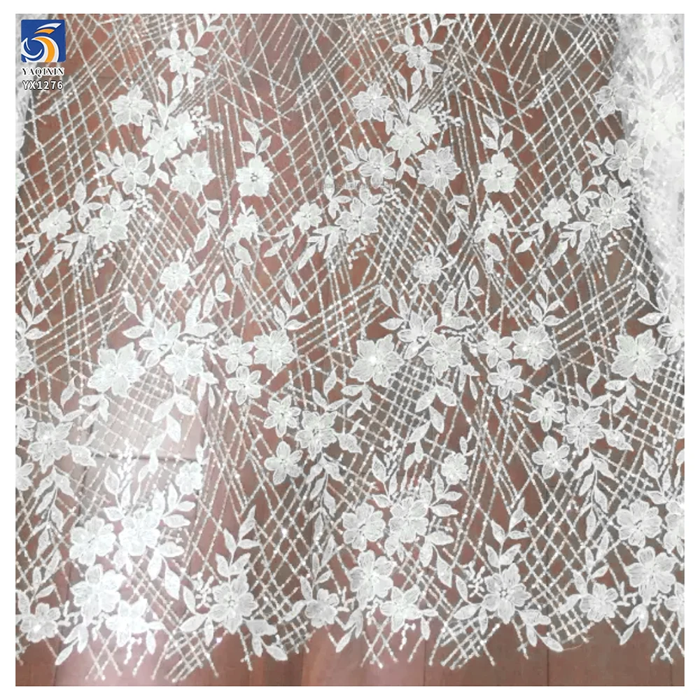 YX1276 5 Yards DE LACE Striped Cross Embroidered Sequin Lace Fabric Floral Embroidery White Bridal Lace Fabric - 图片 4