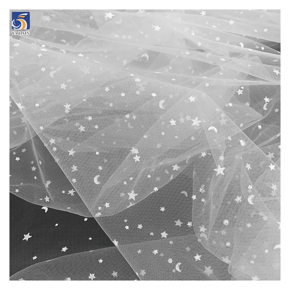 YX969 Custom White Poly Offset Printed Stars and Moon Tulle Polka Dot Printed Tulle Soft Mesh Fabrics for Doll Clothing - 图片 3