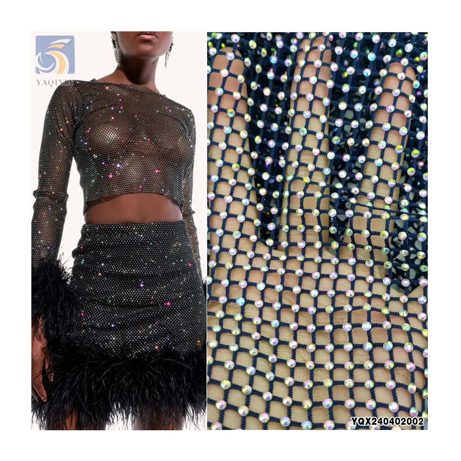 Reasonable Price 130gsm 100%Polyester Black Net Mesh Lace Fabric With Shiny Rhinestones - 图片 3