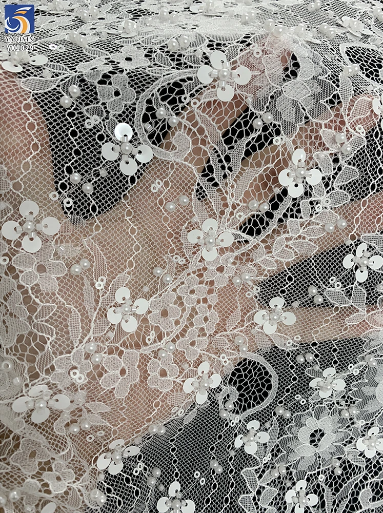 YX1029 Factory High-Quality Eyelash White Lace Fabrics With Heavy Beads and Sequins Embroidery Lace Fabric for Bridal Gown - 图片 5