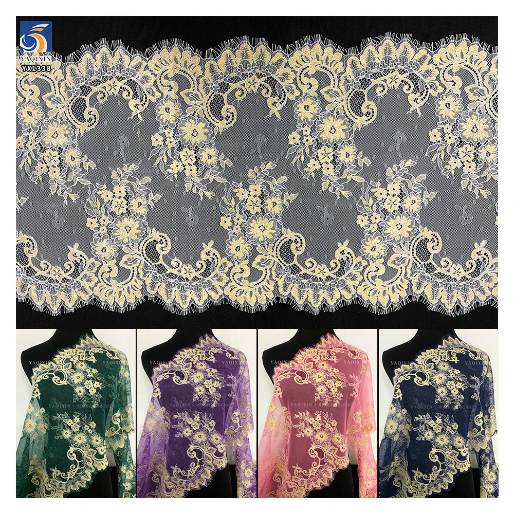 YX1338 Size 300cm*20cm Luxury Embroidered 2026 Dubai UAE Wedding Dress Gold Eyelash Lace Fabric for Garment Accessories Trim
