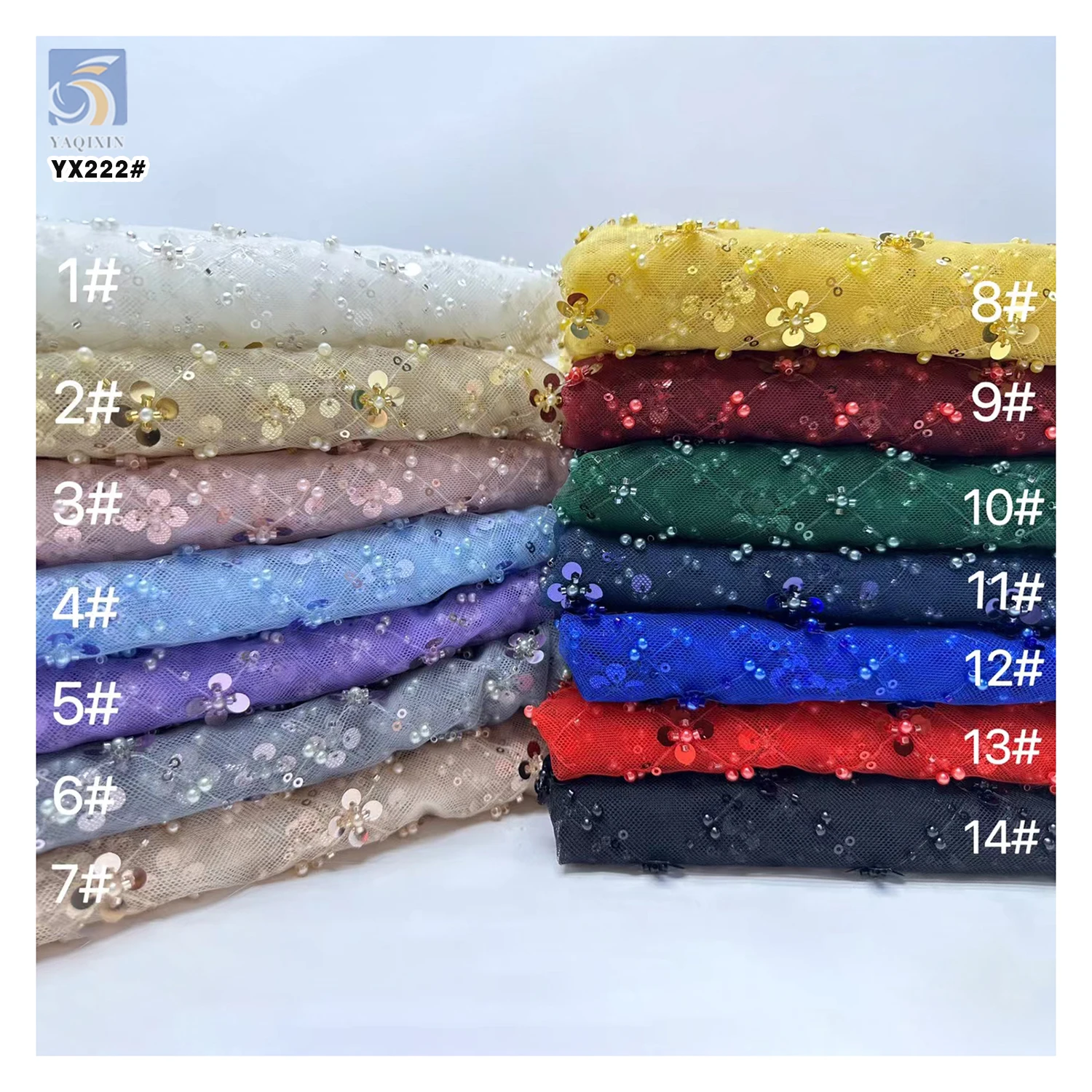 YX222 Customized Multi Color Sequin Bead Pearls Flower Embroidery Lace Fabric