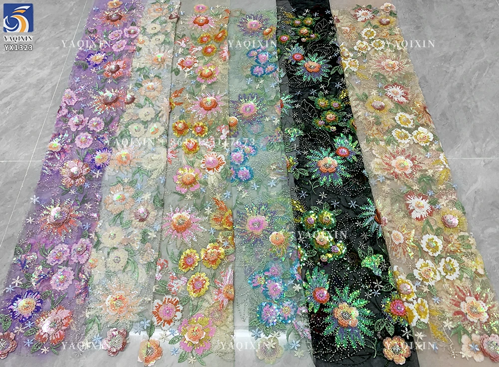 YX1323 New Arrival Sunflower Design With Unique Sequin Germany Lace Fabric DIY Custom Design 3D Lace Glitter Lace Fabric - 图片 5
