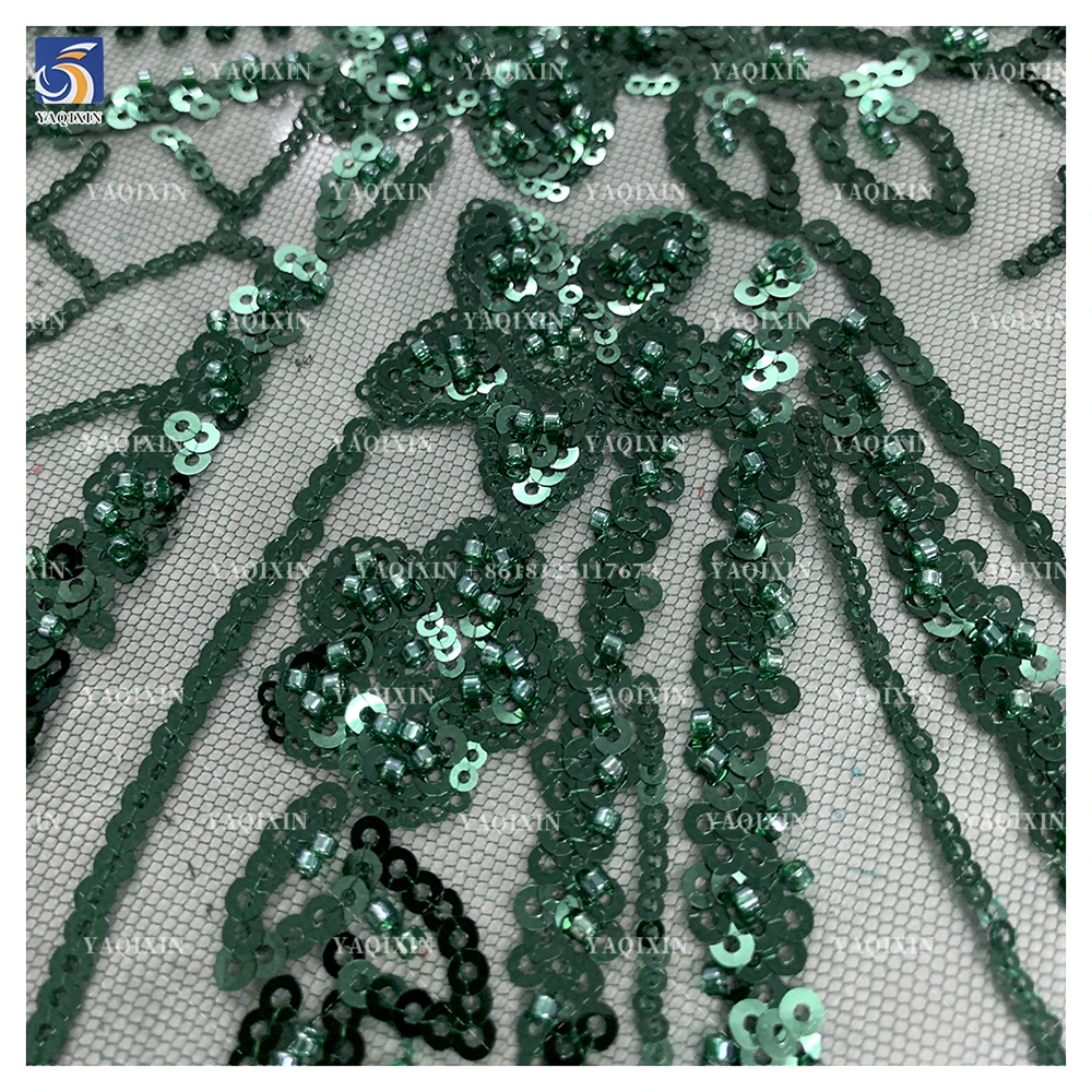 YX1173-1 200gsm Cheap Knitted Embroidery Africa Sequin Lace Fabric Decorated With Sequins Mint Green Lace Fabric 1 Yard OEM - 图片 4