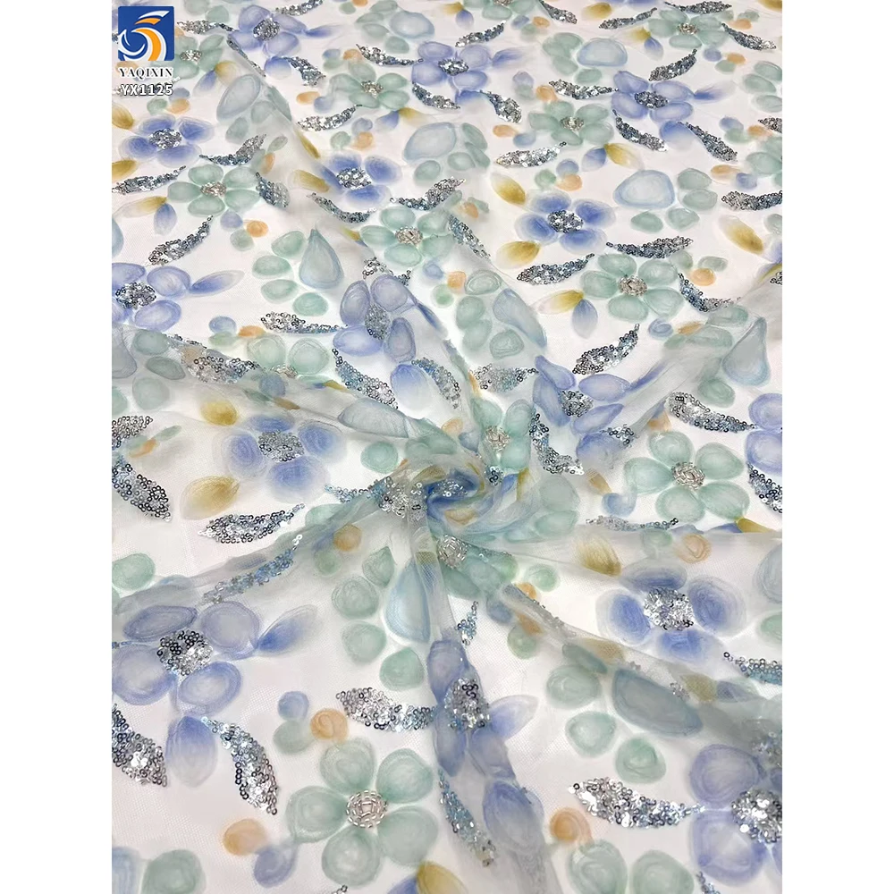 YX1125 Cheap French Style Multicolor Digital Printing Florals Tulle Embroidery Fabric With Silver Sequins Tulle 5 Yards - 图片 4
