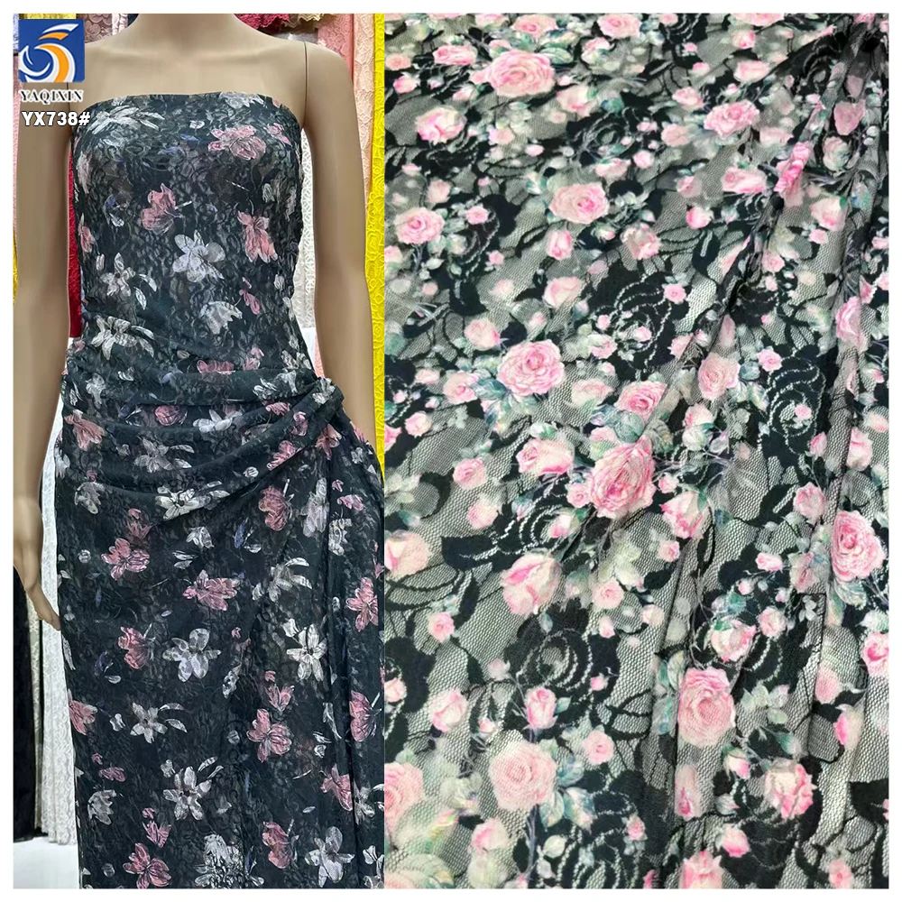 YX738 Elegant Printed Chantilly Lace Fabric 95 Polyester 5 Spandex Stretch Flowers Printed Chantilly Lace Fabric