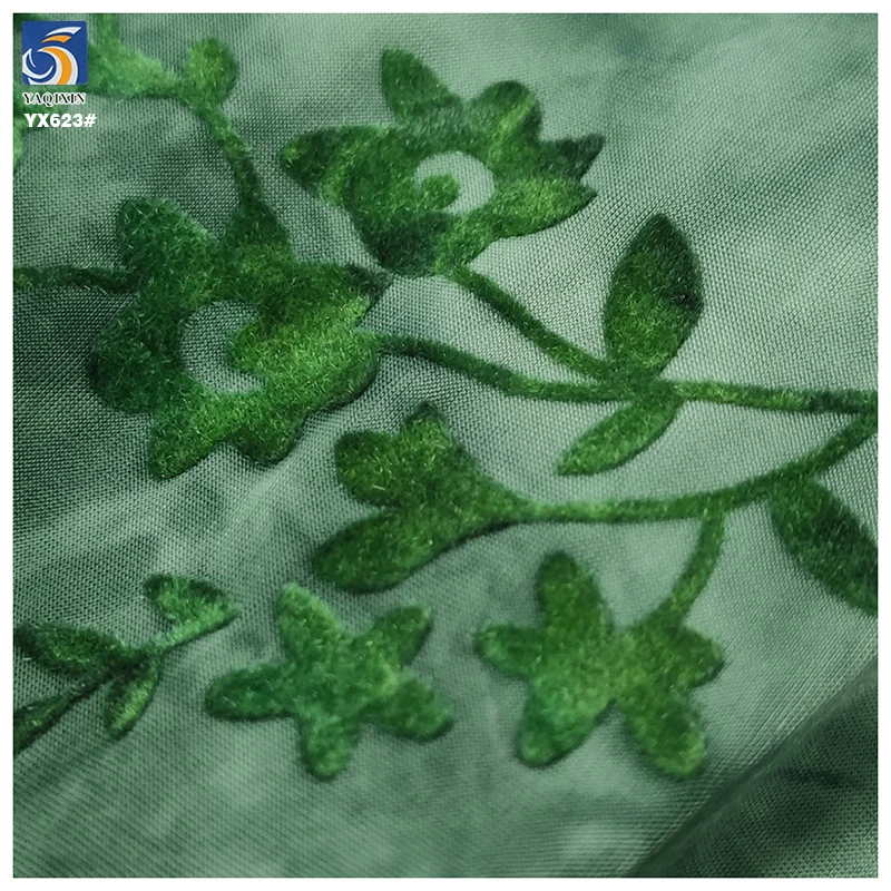 YX623 2026 New Arrivals Green Tied Dyed Elastic Retro China Dress Fabric Stretch Single Knit Fabric With Flocking Florals - 图片 4