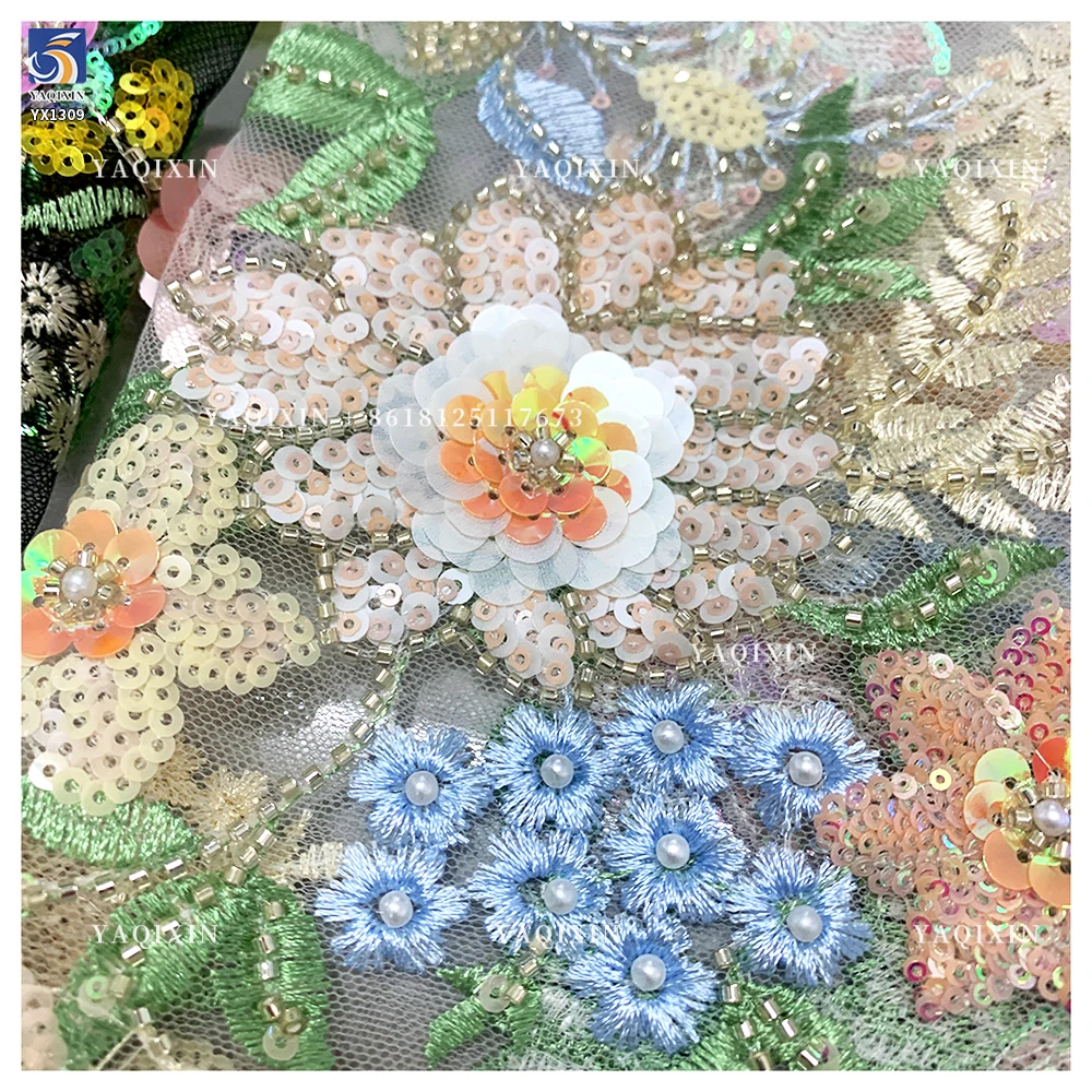 YX1309 Top Sales Forest Pattern 3D Floral Embroidered Mesh Fabric for Women's Skirts DIY Handmade Pearls Sequin Flowers Fabric - 图片 2