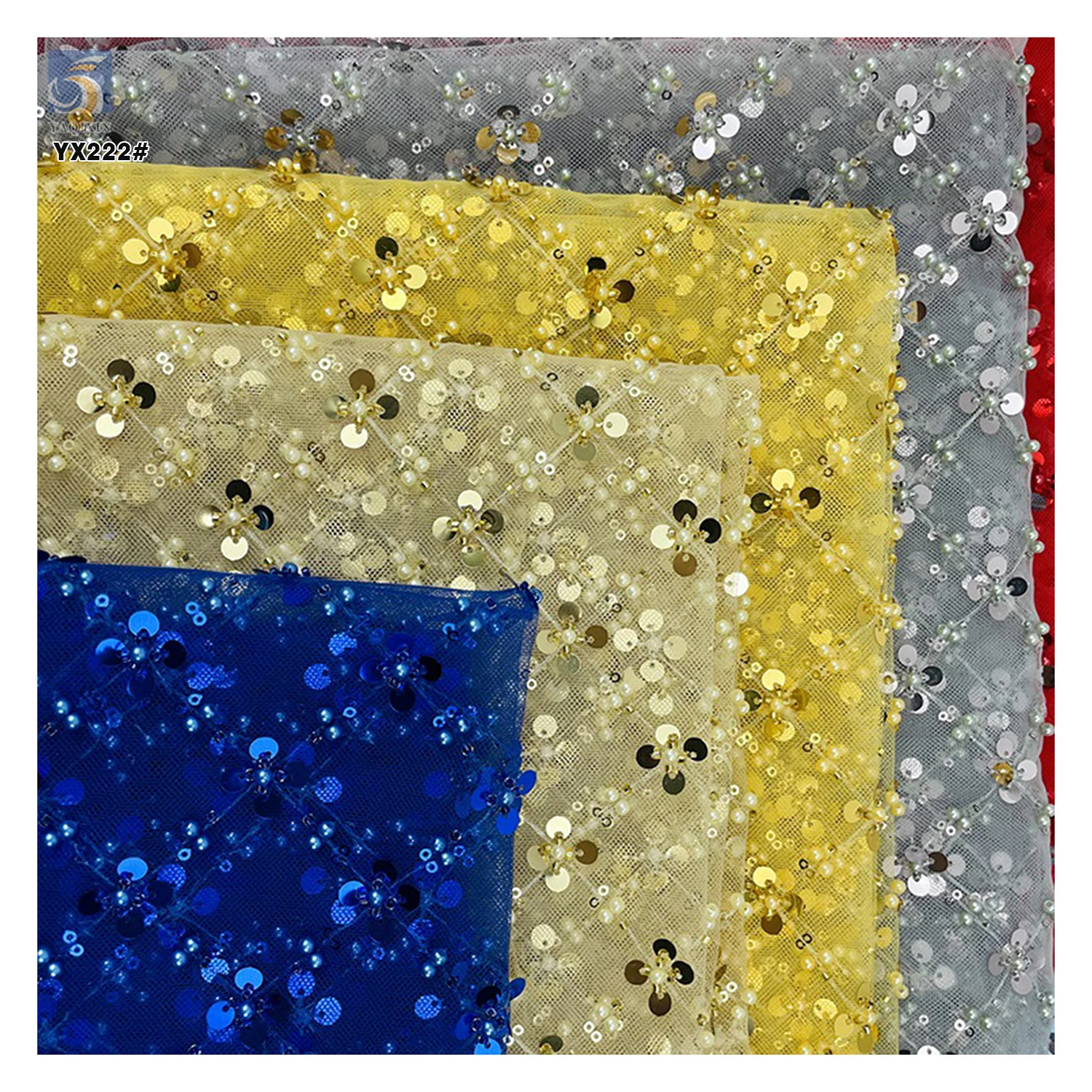 YX222 Customized Multi Color Sequin Bead Pearls Flower Embroidery Lace Fabric - 图片 4