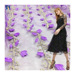 YX878 North American Customized Dark Purple Flowers Embroidery Fabric Purple Florals Tulle Mesh Fabric for Girls