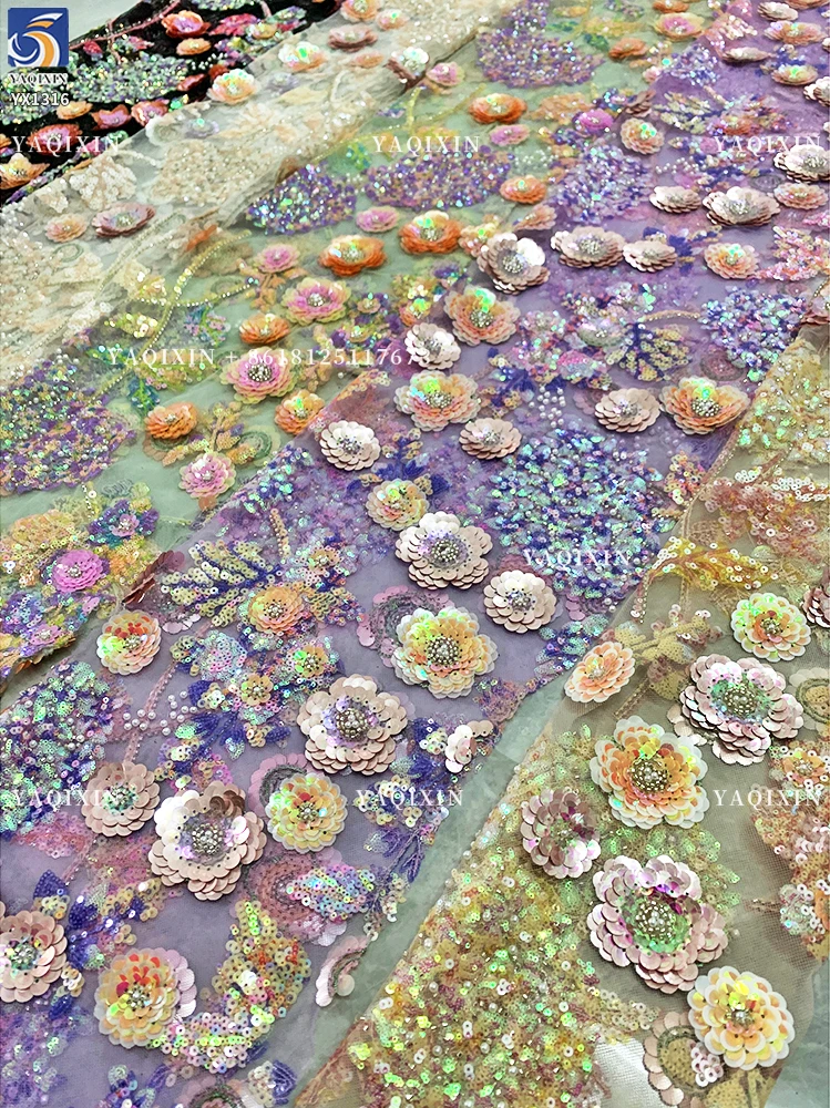 YX1316 Latest 3D Five-Pointed Star Flower Sequin Embroidery Mesh Tulle Fabric Florals Pattern Beaded Sequin Mesh Lace Fabric - 图片 6