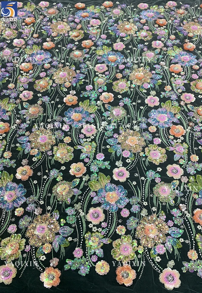 YX1310 Expensive High Quality Glitter 3D Flowers Sequin Embroidered Lace Fabric Custom Summer Costumes Sequin Lace Fabric - 图片 3
