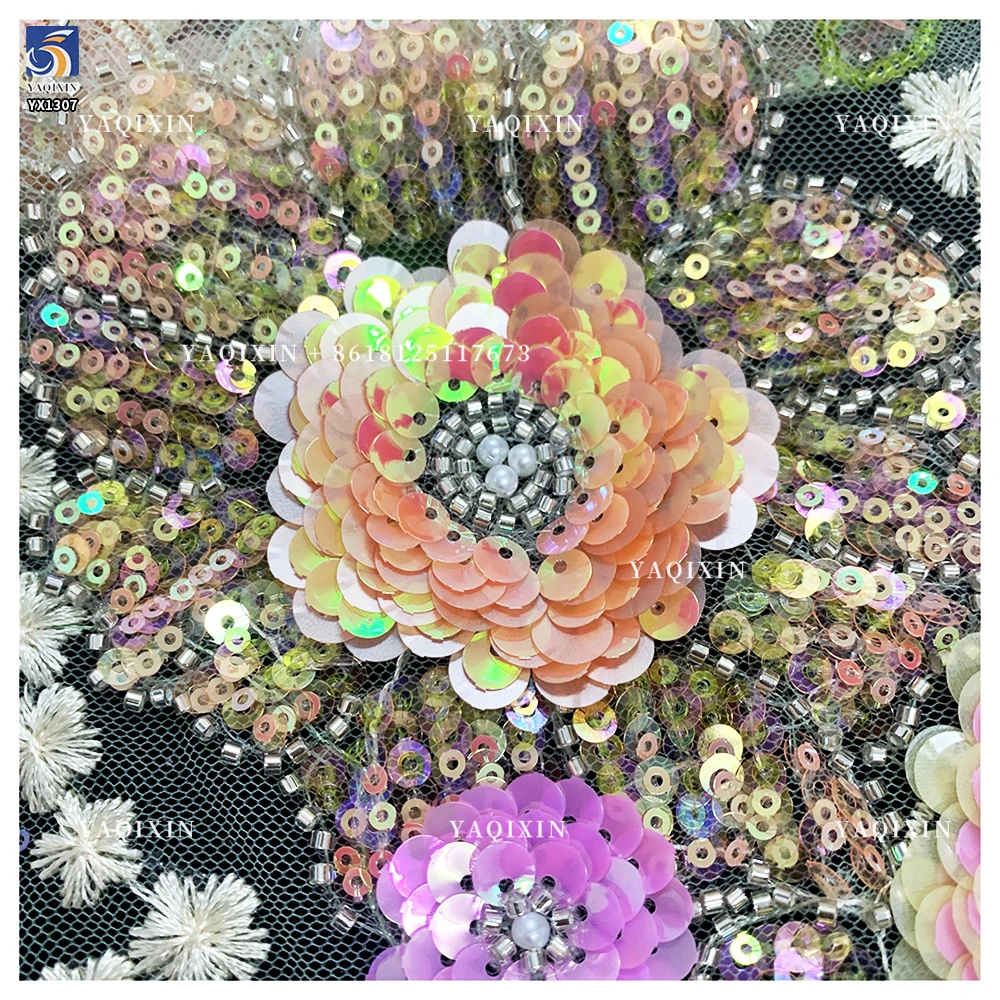 YX1226# New Product Launch 3D Flower Pattern Sequin Embroidery Colorful Mesh Fabric DIY Handmade Sequin Lace Fabric Textile - 图片 4