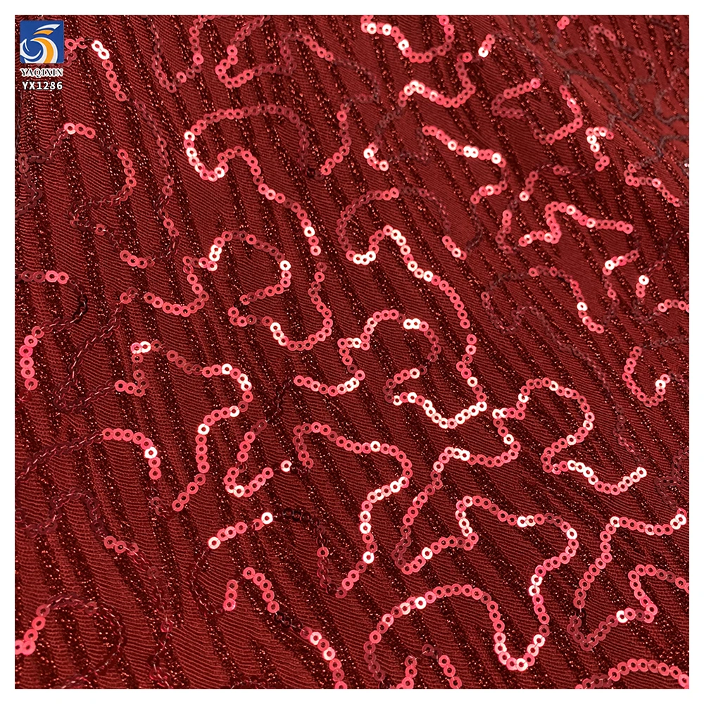 YX1286 240g Bright Red Nylon Stretch Knit Striped Jacquard Fabric With Sequin Embroidery Jacquard Fabric for Woman Dress - 图片 3