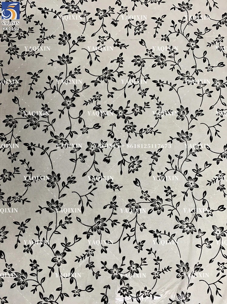 YX1152 New Fashion Style 2026 Floral Pattern Flocked Mesh Fabric Black Florals Four-Way Stretch Mesh Flocked Fabrics - 图片 2