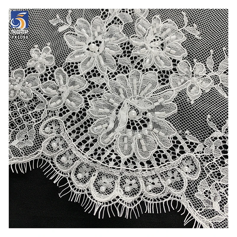 YX1098 High Quality Bridal African White Pearl 3D Lace Fabrics Eyelash Lace High-End Heavy Beads Luxurious Wedding Fabrics 3D - 图片 5