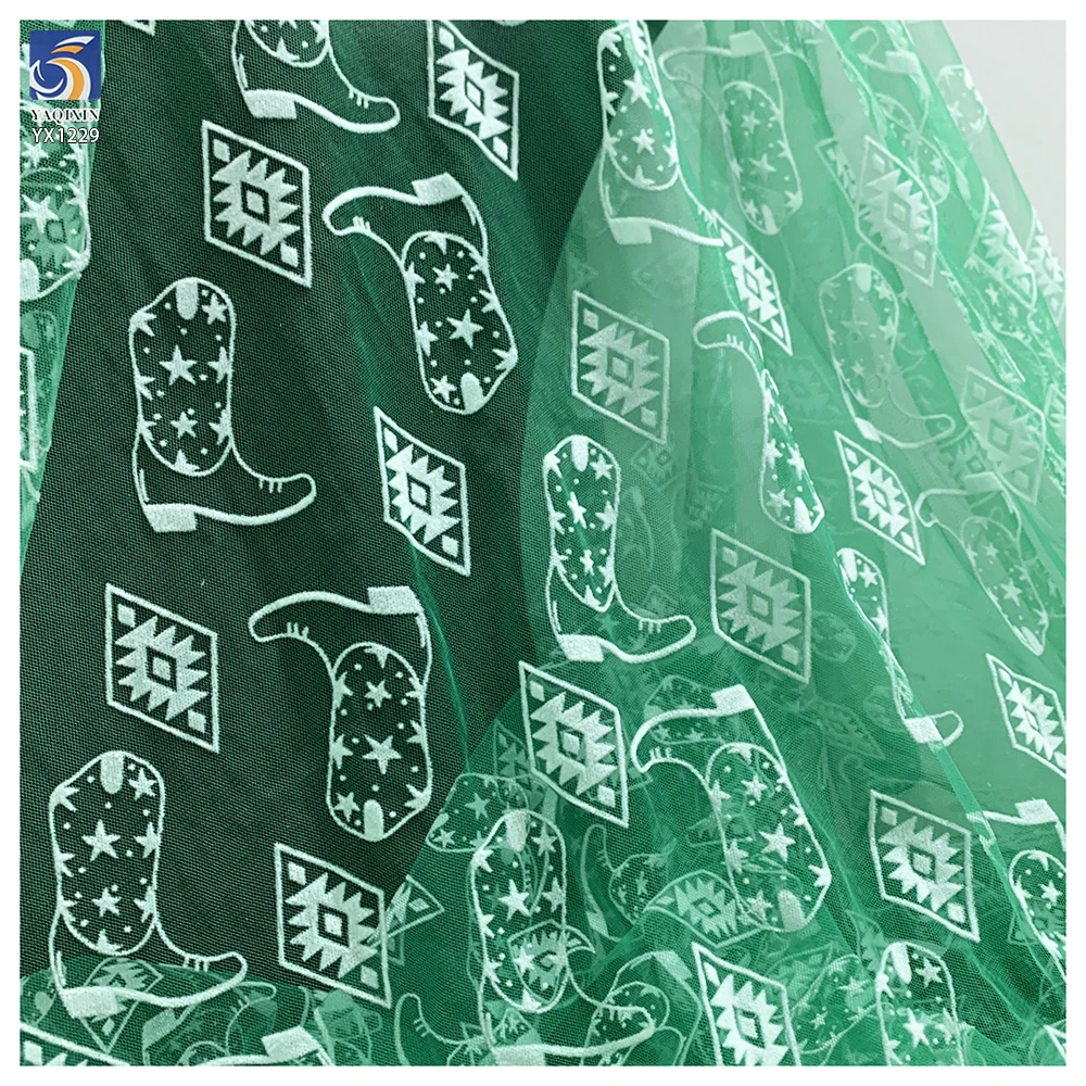 YX1229 Popular Holiday Mesh Tulle Fabrics and Textiles Knitted Christmas Shoes and Trees Pattern White Flocked Tulle Fabric - 图片 5