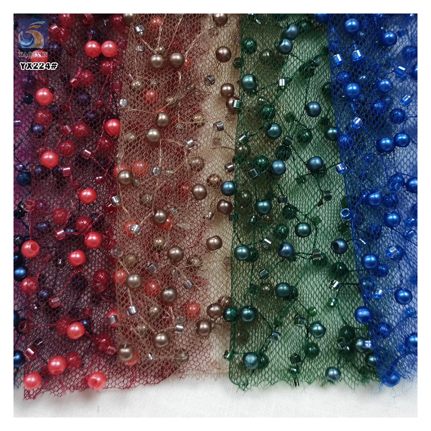 YX224 Custom Bridal Wedding Pearl Lace Fabric Handmade Embroidery Soft Bridal Lace Dress Pearl Beaded Tulle Fabric - 图片 4