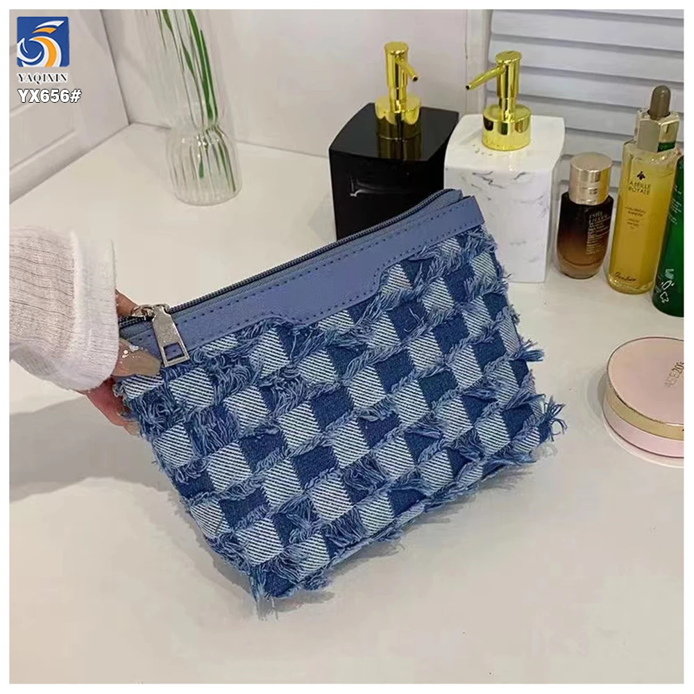YX656 Fashion Checkerboard Check Plaid Tassel Jacquard Washed Denim Fabric 10oz 85 Cotton 15 Polyester Denim Fabric - 图片 6