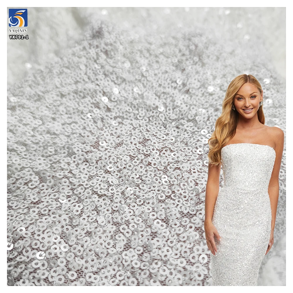 YX791-1 Full of 3mm Sequins Bright White Porcelain White Fabrics Stretch Sequin Fabric for Wedding Women's Dresses