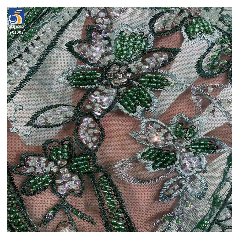 YX1002 Emerald Green African Lace Fabric DIY Customized Flower Sequin Embroidered Fabric Lace Textile for African Wedding - 图片 4