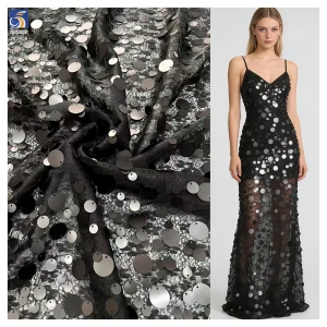 YX1408 2026 New Arrivals 300gsm Sheer Knitted Black Chantilly Lace Mesh Fabric With Round Sequins Fabric for Fashion Dress