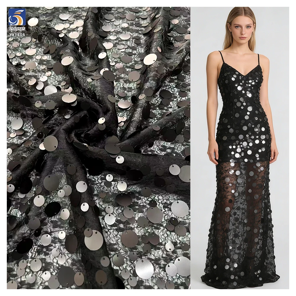 YX1408 2026 New Arrivals 300gsm Sheer Knitted Black Chantilly Lace Mesh Fabric With Round Sequins Fabric for Fashion Dress