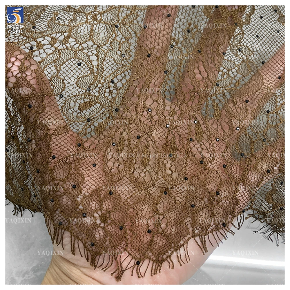 YX1182 Popular in Israel Woven Woman Coffee Brown Mesh Eyelash Lace Fabric With Stone for Fashionable and Sexy Dress - 图片 6