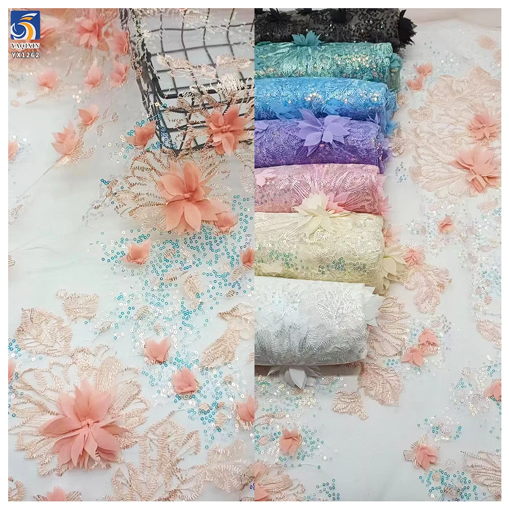 YX1262 200gsm New France Mesh Sequin Embroidered Fabric Flowers 3D Hand Embroidery Fabric With Sequins for Women's Garments - 图片 3