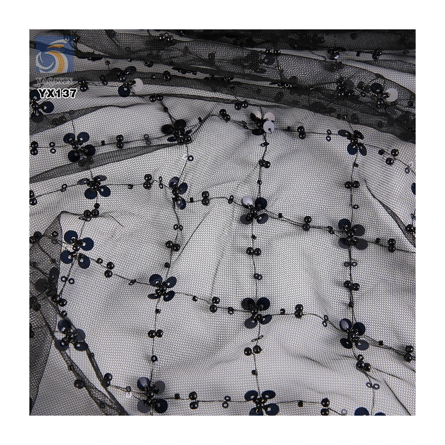 Oriental Beads Embroidery Fabric 100gsm Lace Mesh Embroidery Four-Leaf Clover Pearl Sequin Embroidery Tulle Fabric - 图片 6