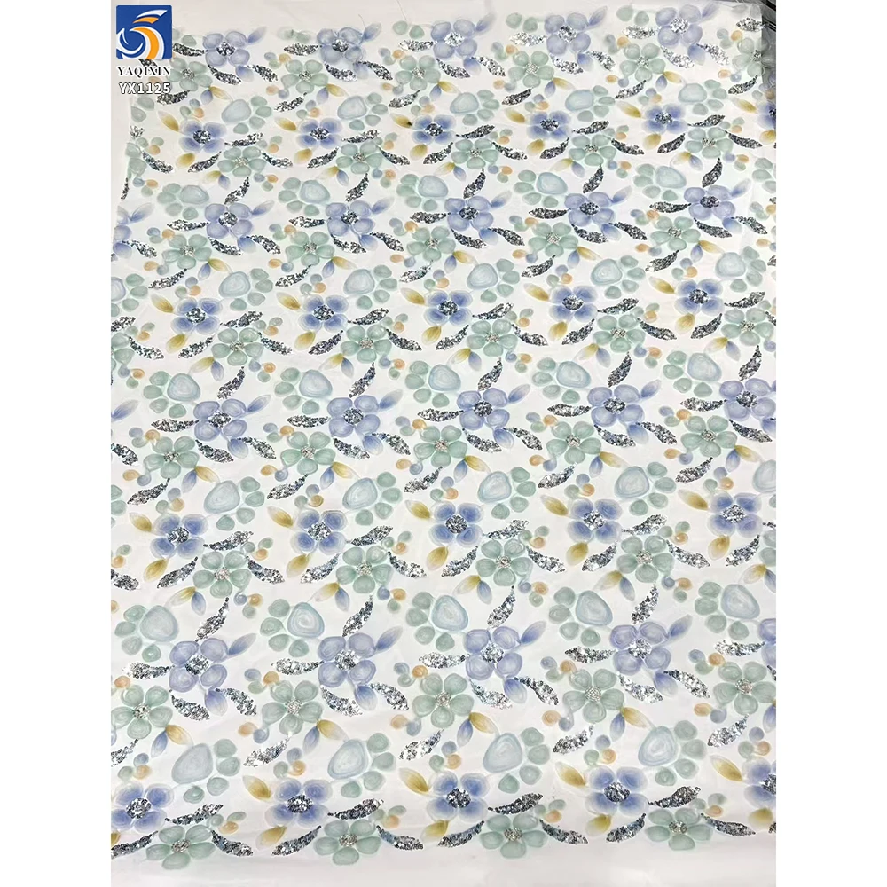 YX1125 Cheap French Style Multicolor Digital Printing Florals Tulle Embroidery Fabric With Silver Sequins Tulle 5 Yards - 图片 5