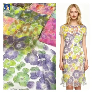 YX1124 Colorful Florals Tulle Fabric 3D Flower Embroidery French Romantic Women's Dress Tulle Fabric With 3D Pearl Beads