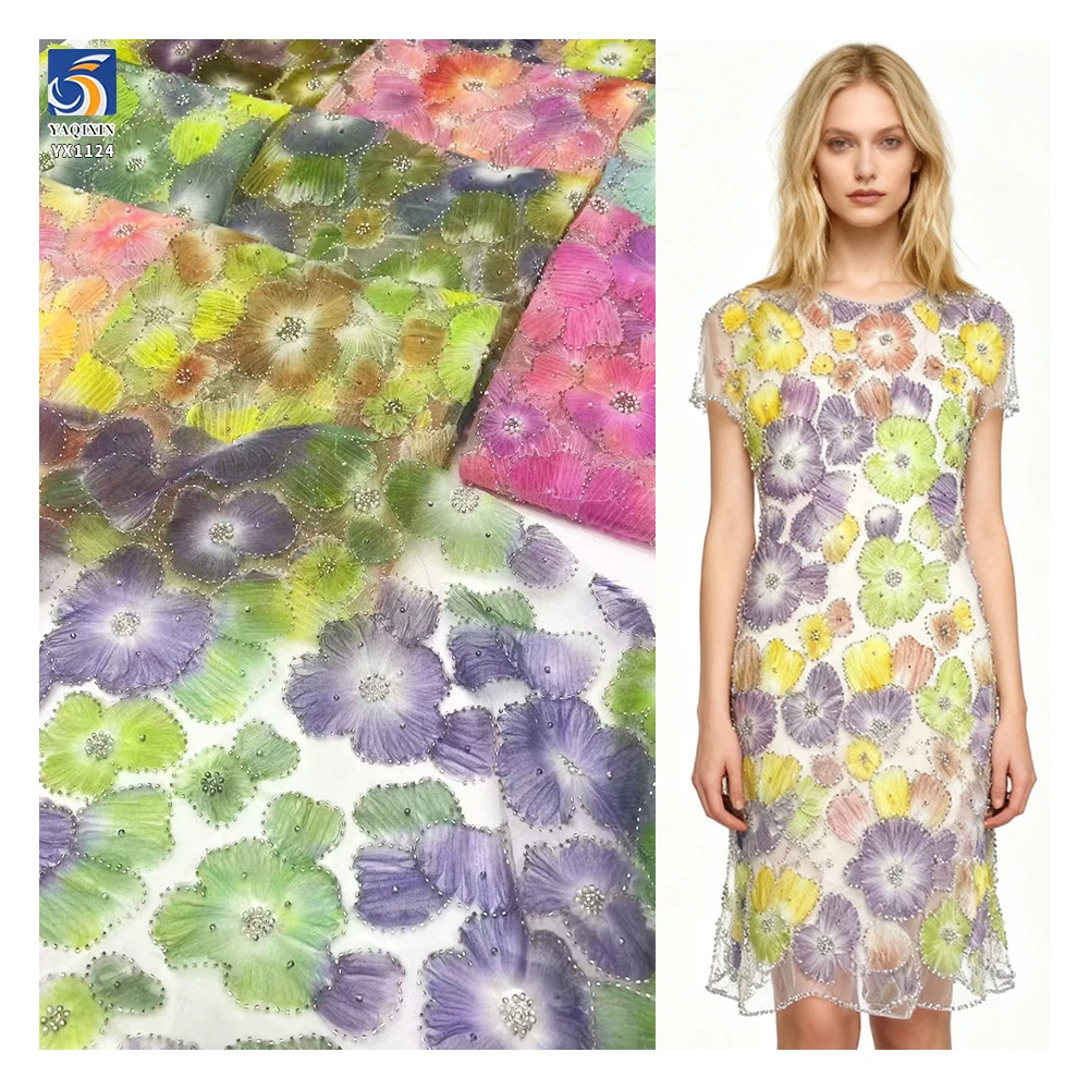 YX1124 Colorful Florals Tulle Fabric 3D Flower Embroidery French Romantic Women's Dress Tulle Fabric With 3D Pearl Beads