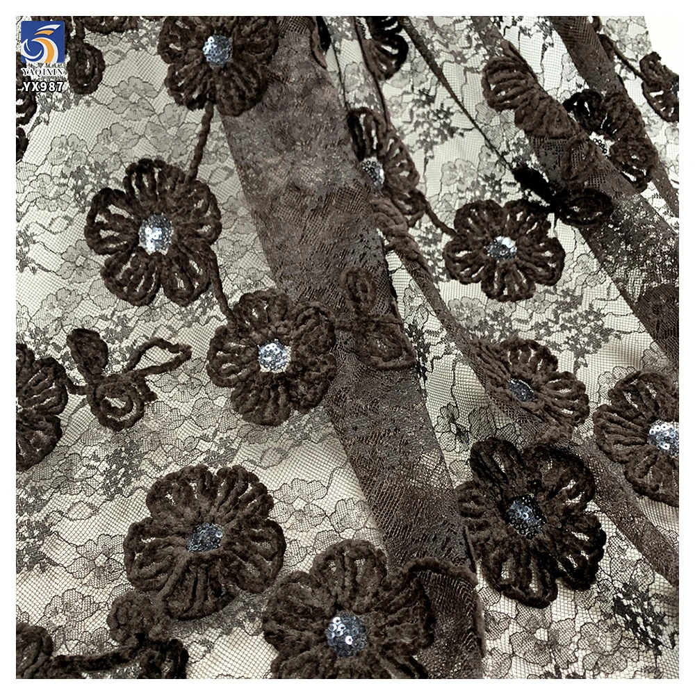 YX987 2026 New Material Customization 70% Polyester 30% Chenille Lace Fabric Flower Embroidery With Sequins for China Dresses - 图片 4