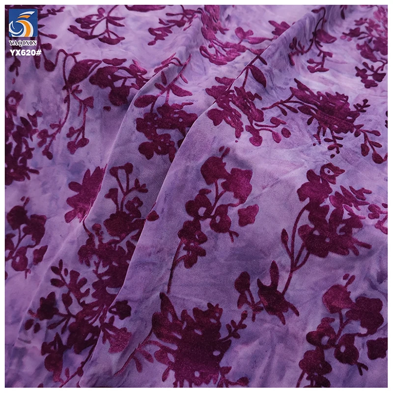 YX620 Factory Supports Custom Noble Purple Chinese Stretch Cheongsam Dress Fabric Elastic Floral Flocked Knitted Fabric - 图片 6
