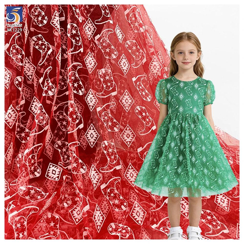 YX1229 Popular Holiday Mesh Tulle Fabrics and Textiles Knitted Christmas Shoes and Trees Pattern White Flocked Tulle Fabric