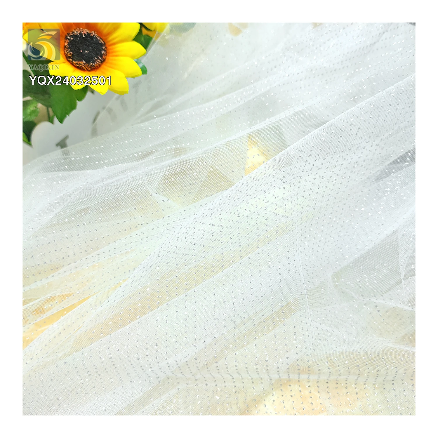 China Factory Wholesale Price White Sparkle Tulle Bridal Fabric Poly Mesh Tulle Wedding Dress Fabric - 图片 4