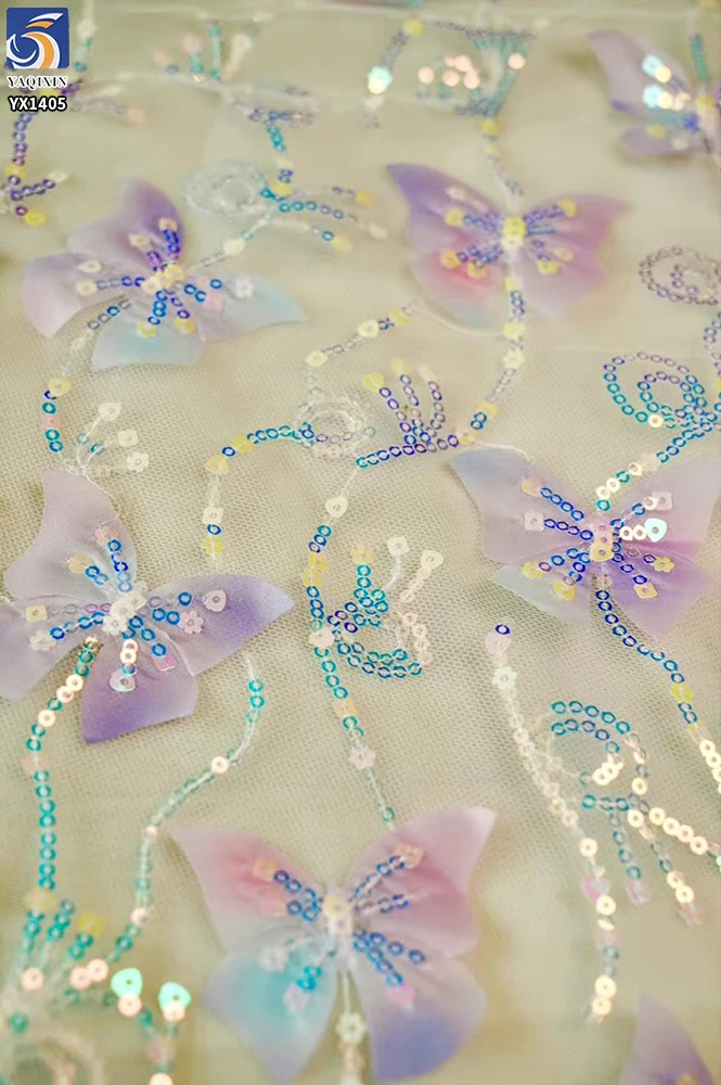 YX1405 New Beautiful Laser Gradient Pink Embroidery 3D Butterfly Mesh Fabric With Sequins and Glitter Girl Dress 3D Tulle Fabric - 图片 3