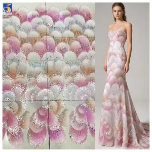YX1263 New Arrival Mermaid Design Dress Fabric 3D Printed Floral Embroidery Colorful Mesh Lace Fabric With Bead 5 Yards