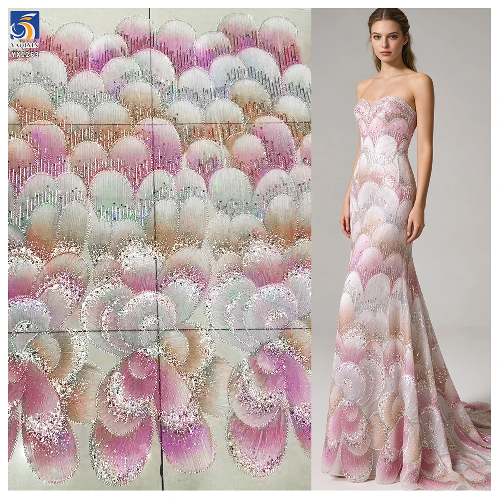 YX1263 New Arrival Mermaid Design Dress Fabric 3D Printed Floral Embroidery Colorful Mesh Lace Fabric With Bead 5 Yards