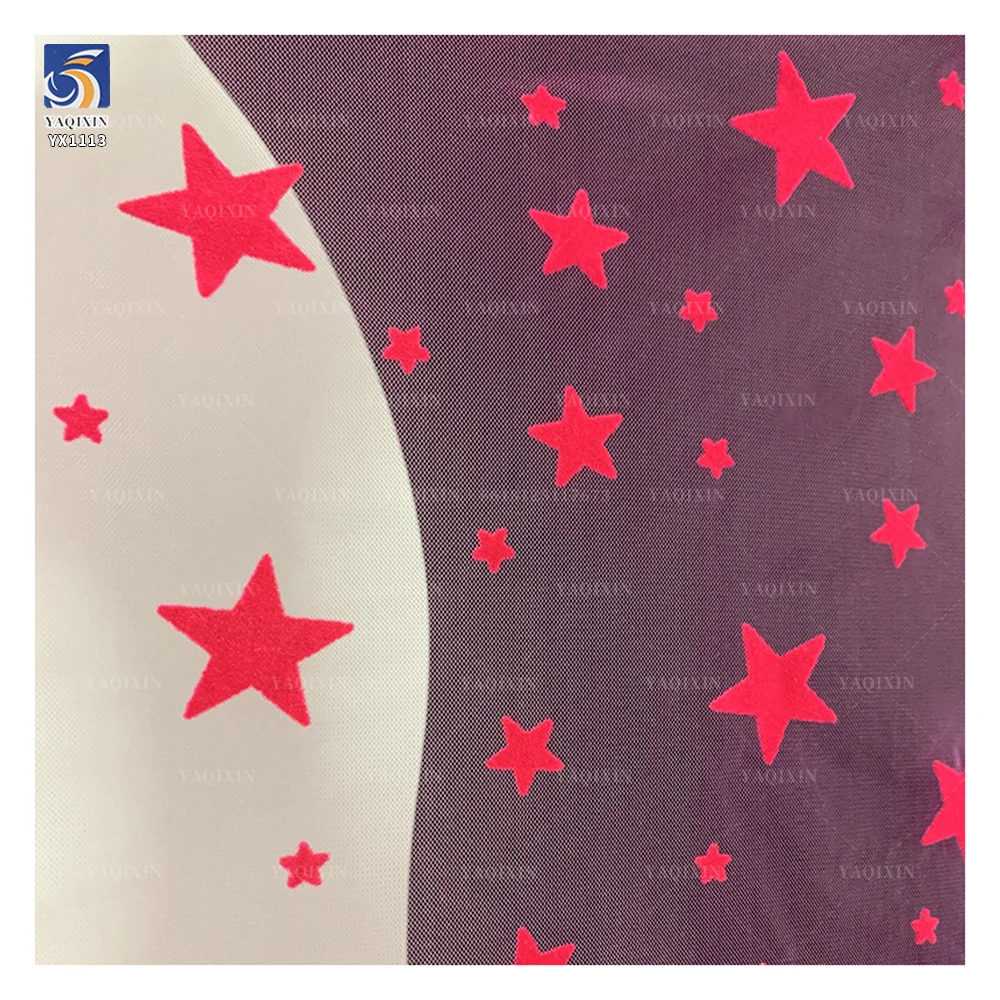 YX1113 High Quality 40g Lightweight Pink Tulle Flocking Five-Pointed Stars Fabric Stars Mesh Tulle Fabric for Girls Skirts - 图片 4