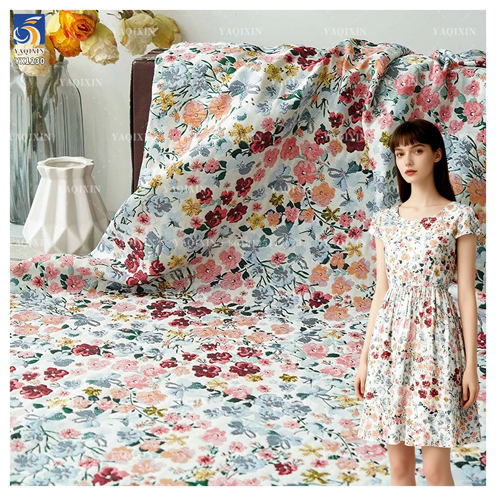 YX1230 Elegant Polyester Yarn-Dyed Jacquard Brocade Fabric for Clothing Dress Design Jacquard French Florals Fabric 2026