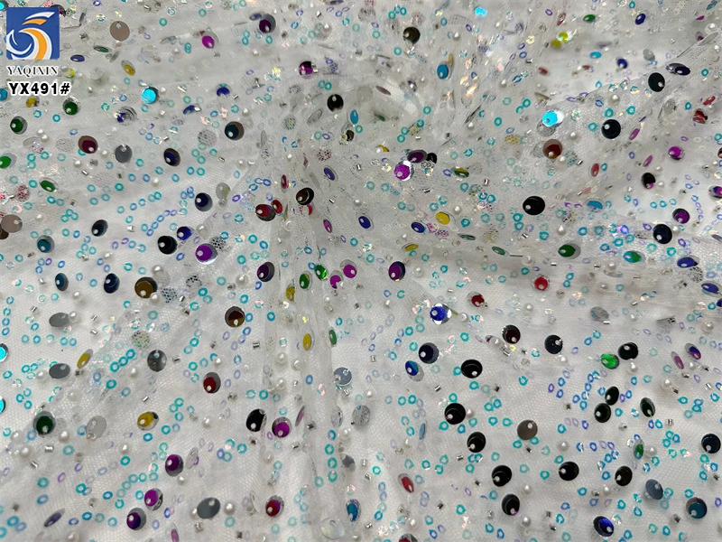 YX491 Wholesale Sequin Embroidery Beads Pearls Lace Fabric 2025 Sequined Lace Mesh Fabric - 图片 6